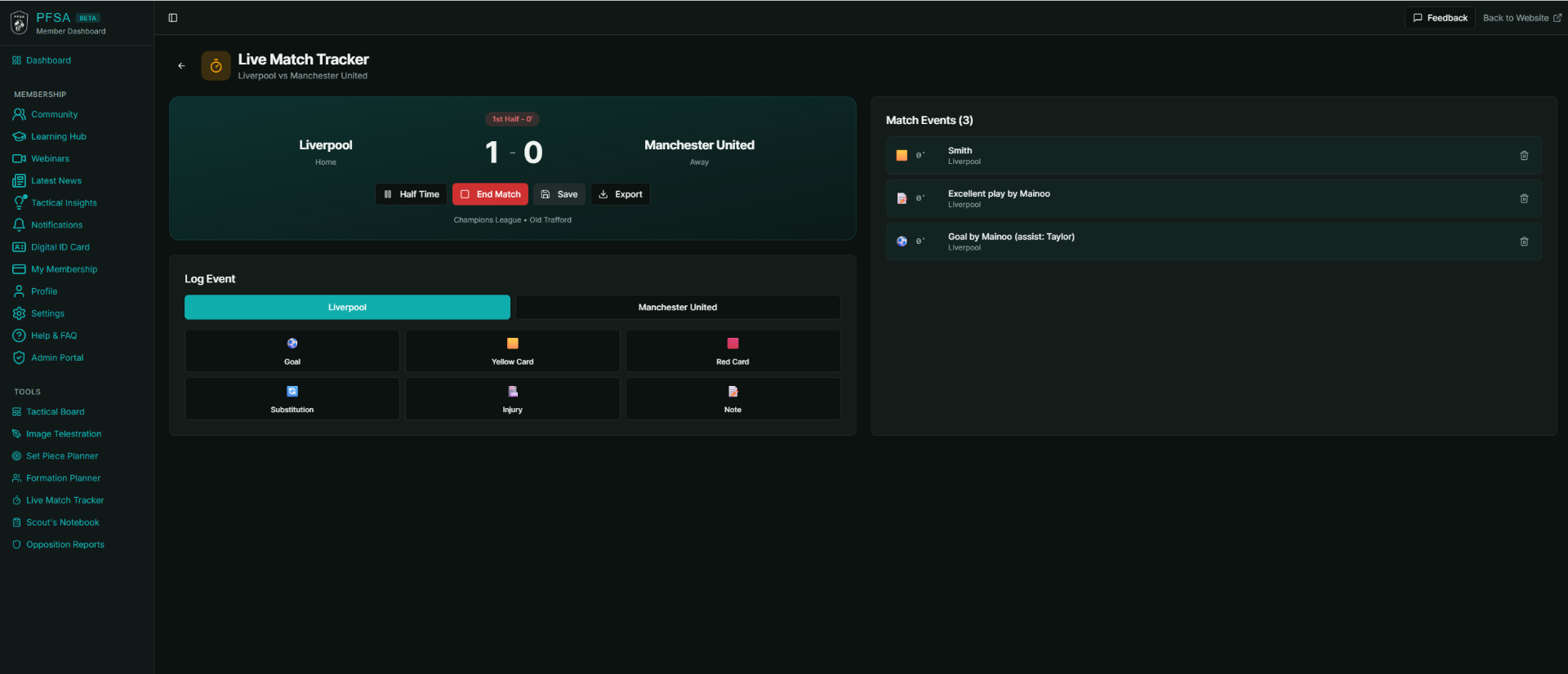 Screenshot of the PFSA Live Match Tracker scouting tool interface
