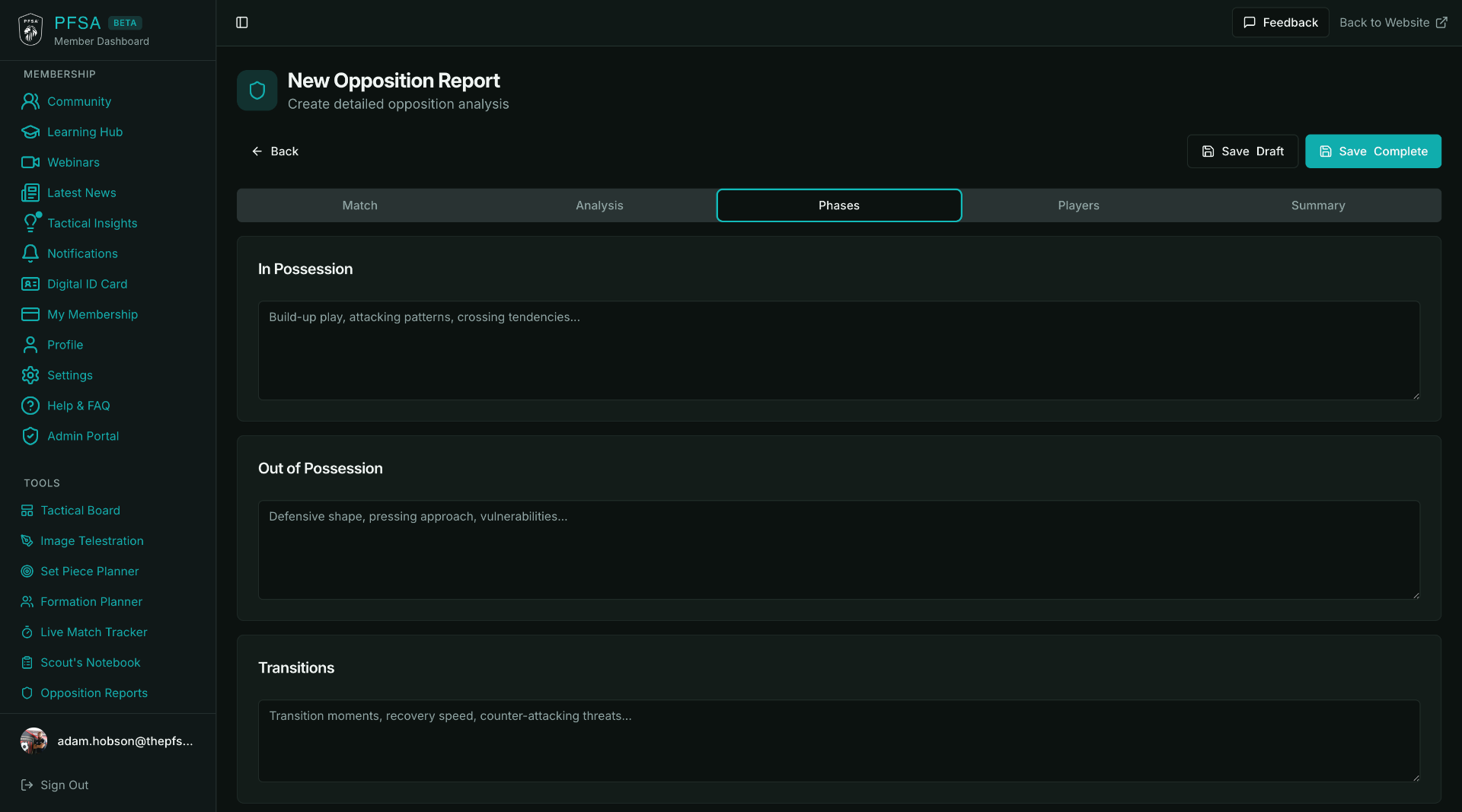 Screenshot of the PFSA Opposition Reports scouting tool interface