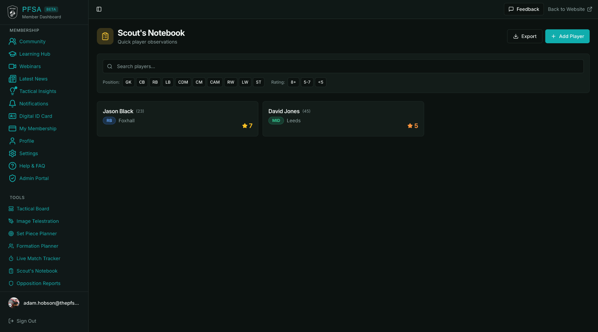 Screenshot of the PFSA Scout&rsquo;s Notebook scouting tool interface