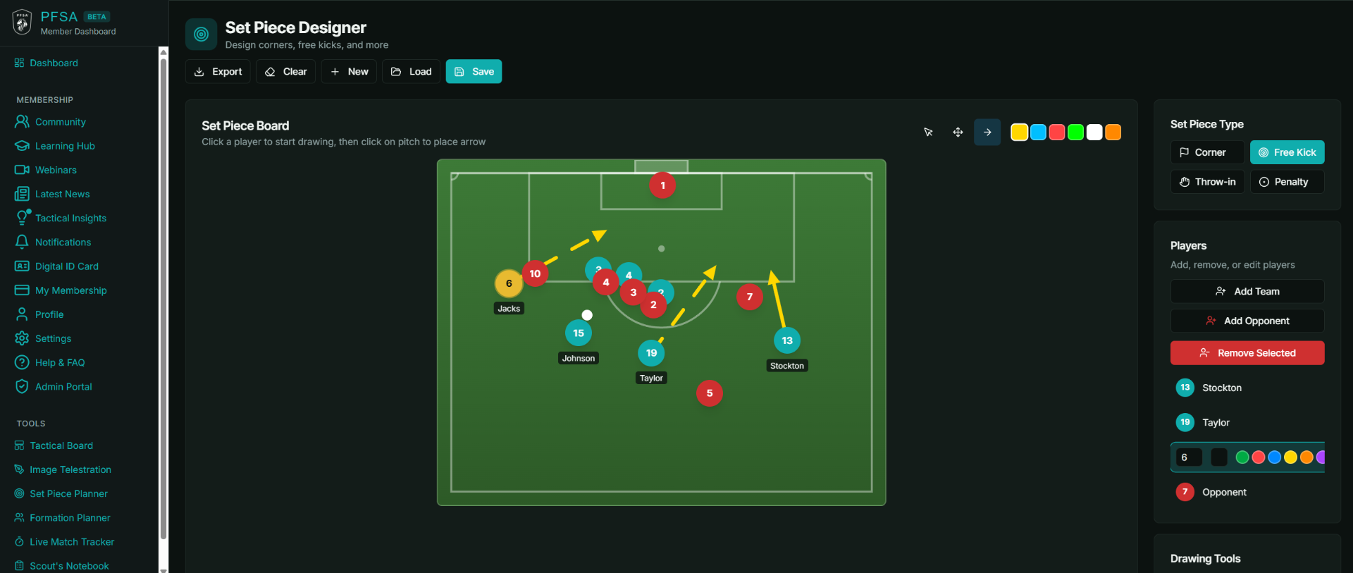 Screenshot of the PFSA Set Piece Planner scouting tool interface
