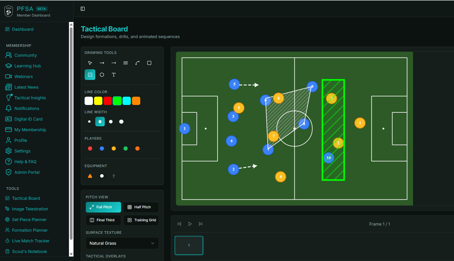 Screenshot of the PFSA Tactical Board scouting tool interface